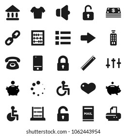 Flat vector icon set - ruler vector, abacus, university, piggy bank, t shirt, speaker, settings, remote control, mobile phone, heart, disabled, arrow, loading, chain, mailbox, lock, unlock, cash