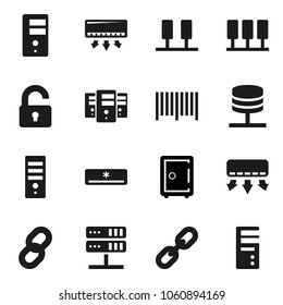 Flat vector icon set - safe vector, server, network, chain, unlock, air conditioner, barcode, computer