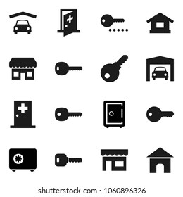 Flat vector icon set - safe vector, medical room, key, garage, store, password, home