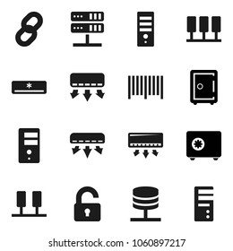Flat vector icon set - safe vector, server, network, chain, unlock, air conditioner, barcode, computer