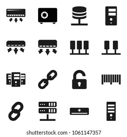 Flat vector icon set - safe vector, server, network, chain, unlock, air conditioner, barcode, computer