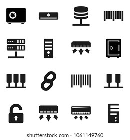 Flat vector icon set - safe vector, server, network, chain, unlock, air conditioner, barcode, computer