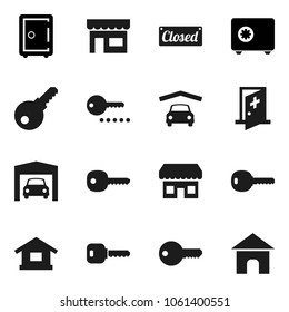 Flat vector icon set - safe vector, medical room, key, garage, closed, store, password, home