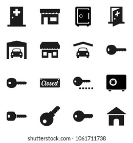 Flat vector icon set - safe vector, medical room, key, garage, closed, store, password, home