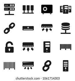 Flat vector icon set - safe vector, server, network, chain, unlock, air conditioner, barcode, computer