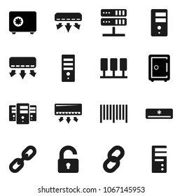 Flat vector icon set - safe vector, server, network, chain, unlock, air conditioner, barcode, computer