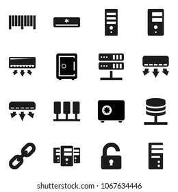 Flat vector icon set - safe vector, server, network, chain, unlock, air conditioner, barcode, computer