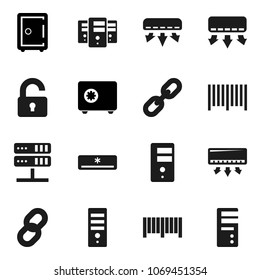 Flat vector icon set - safe vector, network server, chain, unlock, air conditioner, barcode, computer