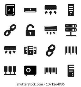 Flat vector icon set - safe vector, server, network, chain, unlock, air conditioner, barcode, computer