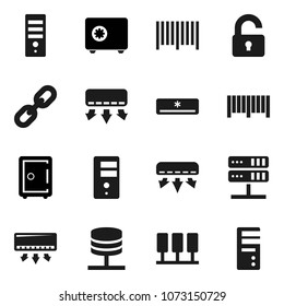Flat vector icon set - safe vector, server, network, chain, unlock, air conditioner, barcode, computer