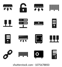 Flat vector icon set - safe vector, server, network, chain, unlock, air conditioner, barcode, computer