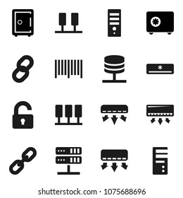 Flat vector icon set - safe vector, server, network, chain, unlock, air conditioner, barcode, computer