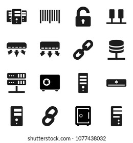 Flat vector icon set - safe vector, server, network, chain, unlock, air conditioner, barcode, computer