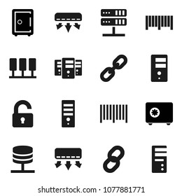 Flat vector icon set - safe vector, server, network, chain, unlock, air conditioner, barcode, computer