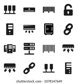 Flat vector icon set - safe vector, server, network, chain, unlock, air conditioner, barcode, computer