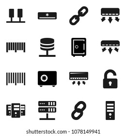 Flat vector icon set - safe vector, server, network, chain, unlock, air conditioner, barcode, computer