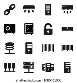 Flat vector icon set - safe vector, server, network, chaian, unlock, air conditioner, barcode, computer