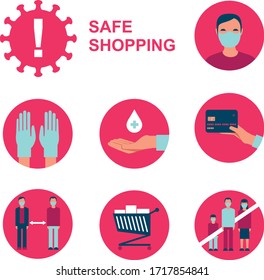 Flat Vector Icon Set For Safe Shopping In Public Place During Coronavirus COVID-19 Disease Outbreak.  
