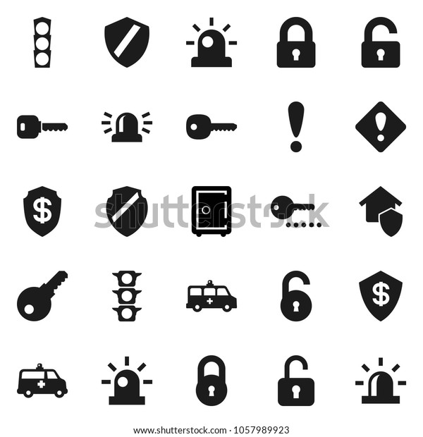 Flat vector icon set - safe vector, attention,\
traffic light, amkbulance car, shield, lock, unlock, key, sign,\
siren, home protect, dollar,\
password