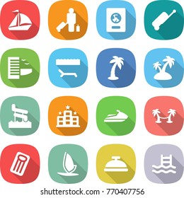 flat vector icon set - sail boat vector, passenger, passport, suitcase, hotel, lounger, palm, island, aquapark, jet ski, hammock, inflatable mattress, windsurfing, service bell, pool