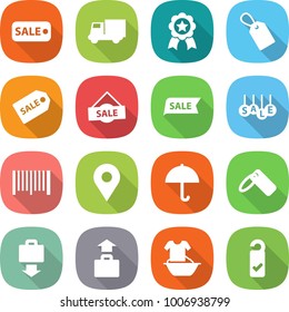 flat vector icon set - sale vector, truck, medal, label, bar code, geo pin, dry cargo, baggage get, handle washing, please clean