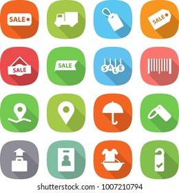 flat vector icon set - sale vector, truck, label, bar code, geo pin, dry cargo, baggage, identity card, handle washing, please clean