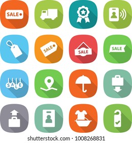 flat vector icon set - sale vector, truck, medal, pass card, label, geo pin, dry cargo, baggage get, identity, handle washing, please clean