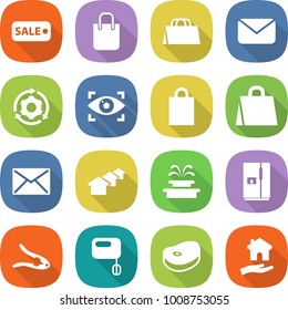 flat vector icon set - sale vector, shopping bag, mail, around gear, eye identity, houses, fountain, fridge, walnut crack, mixer, steake, housing