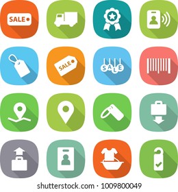 flat vector icon set - sale vector, truck, medal, pass card, label, bar code, geo pin, baggage get, identity, handle washing, please clean