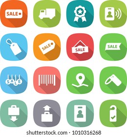 flat vector icon set - sale vector, truck, medal, pass card, label, bar code, geo pin, baggage get, identity, please clean