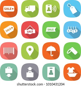 flat vector icon set - sale vector, truck, pass card, label, bar code, geo pin, dry cargo, baggage get, identity, handle washing