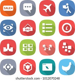 flat vector icon set - sale vector, message, plane, courier, eye identity, list, info, castle, panel house, palm hammock, blocks, connect, 3d, browser window, chicken