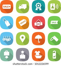 flat vector icon set - sale vector, truck, medal, pass card, label, geo pin, dry cargo, baggage get, handle washing, please clean