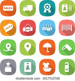 flat vector icon set - sale vector, truck, medal, pass card, label, bar code, geo pin, dry cargo, baggage, identity, handle washing, please clean