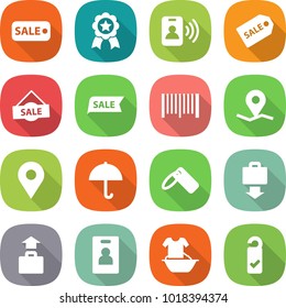 flat vector icon set - sale vector, medal, pass card, label, bar code, geo pin, dry cargo, baggage get, identity, handle washing, please clean