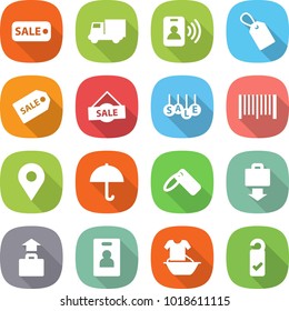 flat vector icon set - sale vector, truck, pass card, label, bar code, geo pin, dry cargo, baggage get, identity, handle washing, please clean