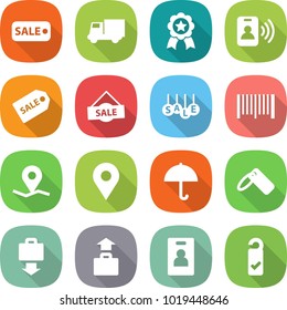 flat vector icon set - sale vector, truck, medal, pass card, label, bar code, geo pin, dry cargo, baggage get, identity, please clean