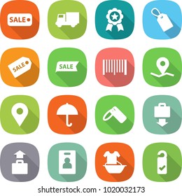 flat vector icon set - sale vector, truck, medal, label, bar code, geo pin, dry cargo, baggage get, identity card, handle washing, please clean