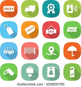 flat vector icon set - sale vector, truck, medal, pass card, label, bar code, geo pin, dry cargo, baggage get, identity, please clean