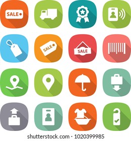 flat vector icon set - sale vector, truck, medal, pass card, label, bar code, geo pin, dry cargo, baggage get, identity, handle washing, please clean