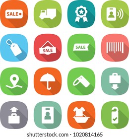flat vector icon set - sale vector, truck, medal, pass card, label, bar code, geo pin, dry cargo, baggage get, identity, handle washing, please clean