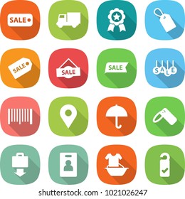 flat vector icon set - sale vector, truck, medal, label, bar code, geo pin, dry cargo, baggage get, identity card, handle washing, please clean