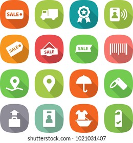 flat vector icon set - sale vector, truck, medal, pass card, label, bar code, geo pin, dry cargo, baggage, identity, handle washing, please clean