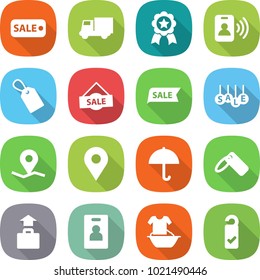 flat vector icon set - sale vector, truck, medal, pass card, label, geo pin, dry cargo, baggage, identity, handle washing, please clean