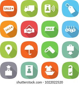 flat vector icon set - sale vector, truck, pass card, label, geo pin, dry cargo, baggage get, identity, handle washing, please clean