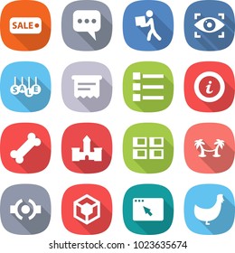 flat vector icon set - sale vector, message, courier, eye identity, atm receipt, list, info, bone, castle, panel house, palm hammock, connect, 3d, browser window, chicken