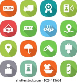 flat vector icon set - sale vector, truck, medal, pass card, geo pin, dry cargo, label, baggage get, identity, handle washing, please clean