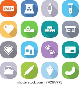 flat vector icon set - sale vector, nuclear power, smart watch, vial, heart, head reflector, block wall, gas station, pendant, home, pets, envelope, kettle, rolling pin, grape, eggplant