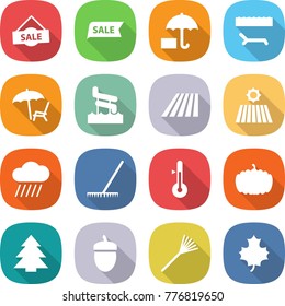 flat vector icon set - sale vector, insurance, lounger, aquapark, field, rain cloud, rake, thermometer, pumpkin, spruce, acorn, maple leaf