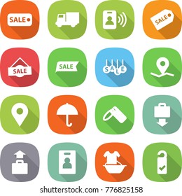 flat vector icon set - sale vector, truck, pass card, label, geo pin, dry cargo, baggage get, identity, handle washing, please clean